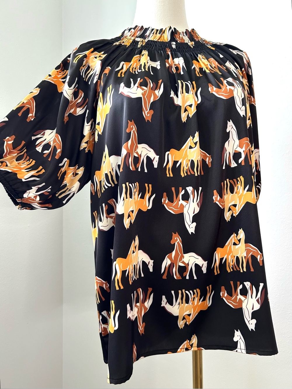 THML Derby Western Black Satin Horse Print Smocked Neck Peasant Blouse Womens L